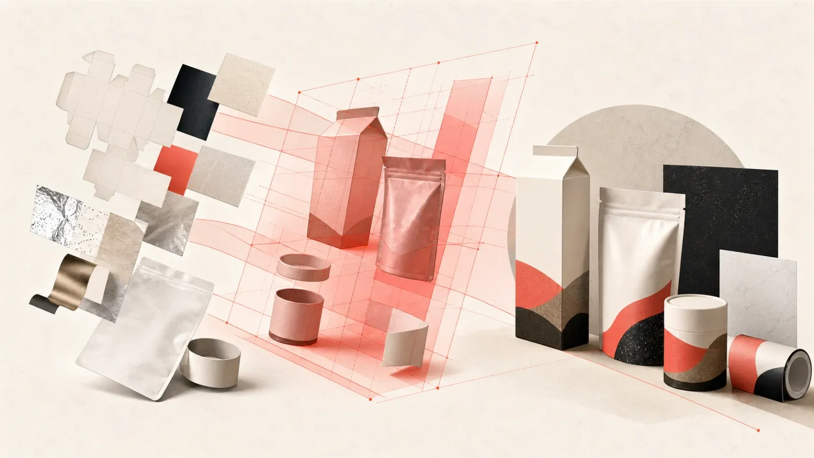 Editorial composition in which scattered packaging dielines and material samples pass through a coral planning grid and become a coherent packaging family