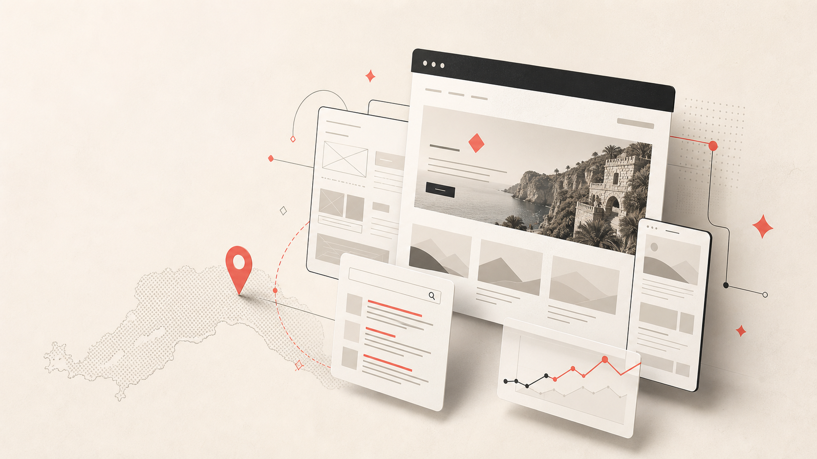 Antalya web tasarım rehberi için responsive web arayüzleri, SEO ve ölçüm kartlarını gösteren editoryal kapak görseli