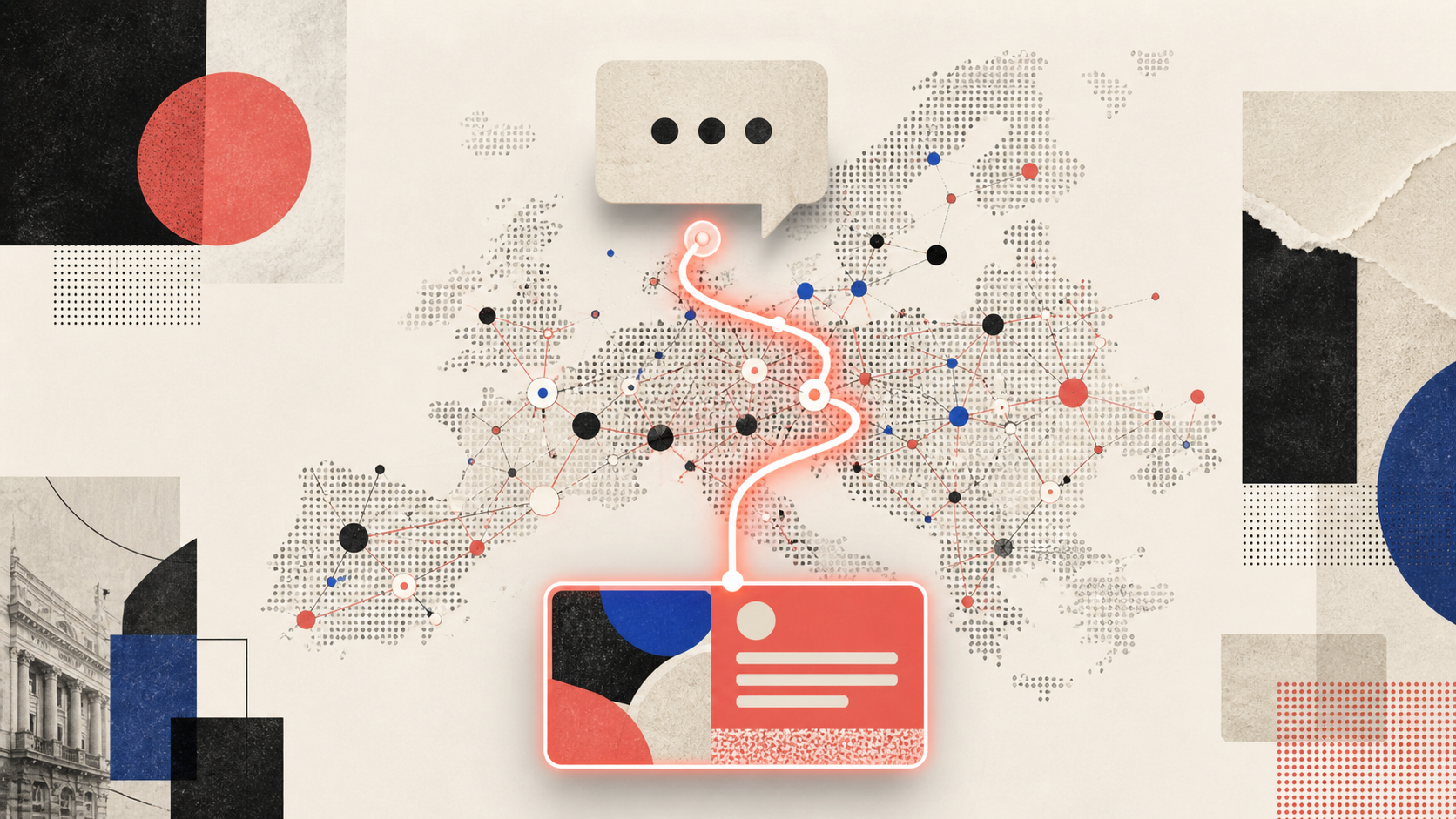 Text-free editorial illustration connecting European market nodes with an ad card and conversation surface.