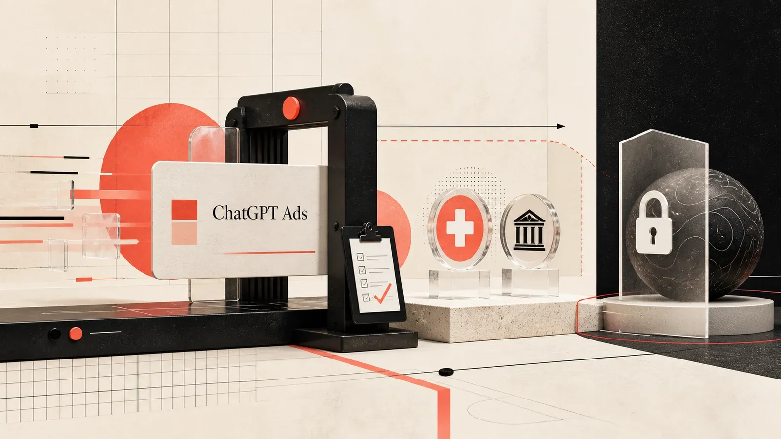 ChatGPT Ads kartının manuel inceleme kapısından geçerken sağlık ve finans simgeleri ile korunan konuşma alanını ayırdığı editoryal kapak