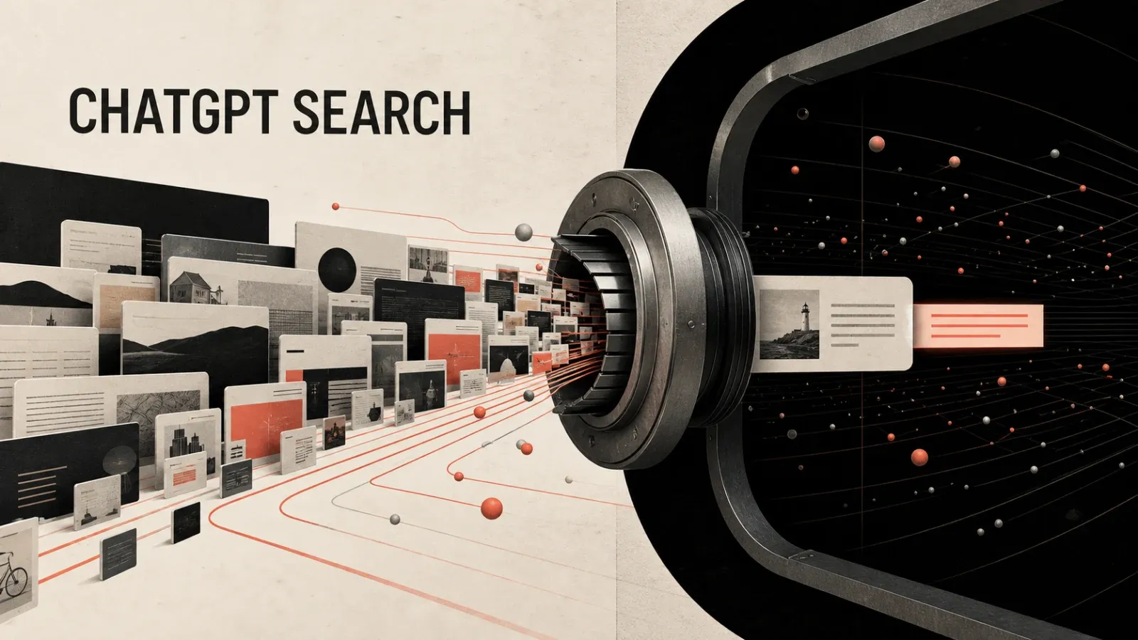 CHATGPT SEARCH başlığı, küçük ve büyük web kartlarının ortak arama açıklığına aktığını gösteren mercan-siyah-kemik editoryal kapak