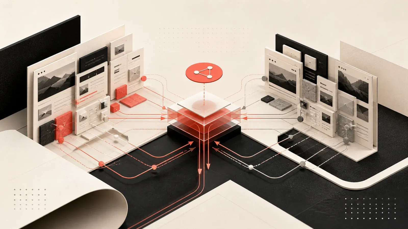 Abstract editorial scene linking two website systems with coral routing lines and a layered central structure