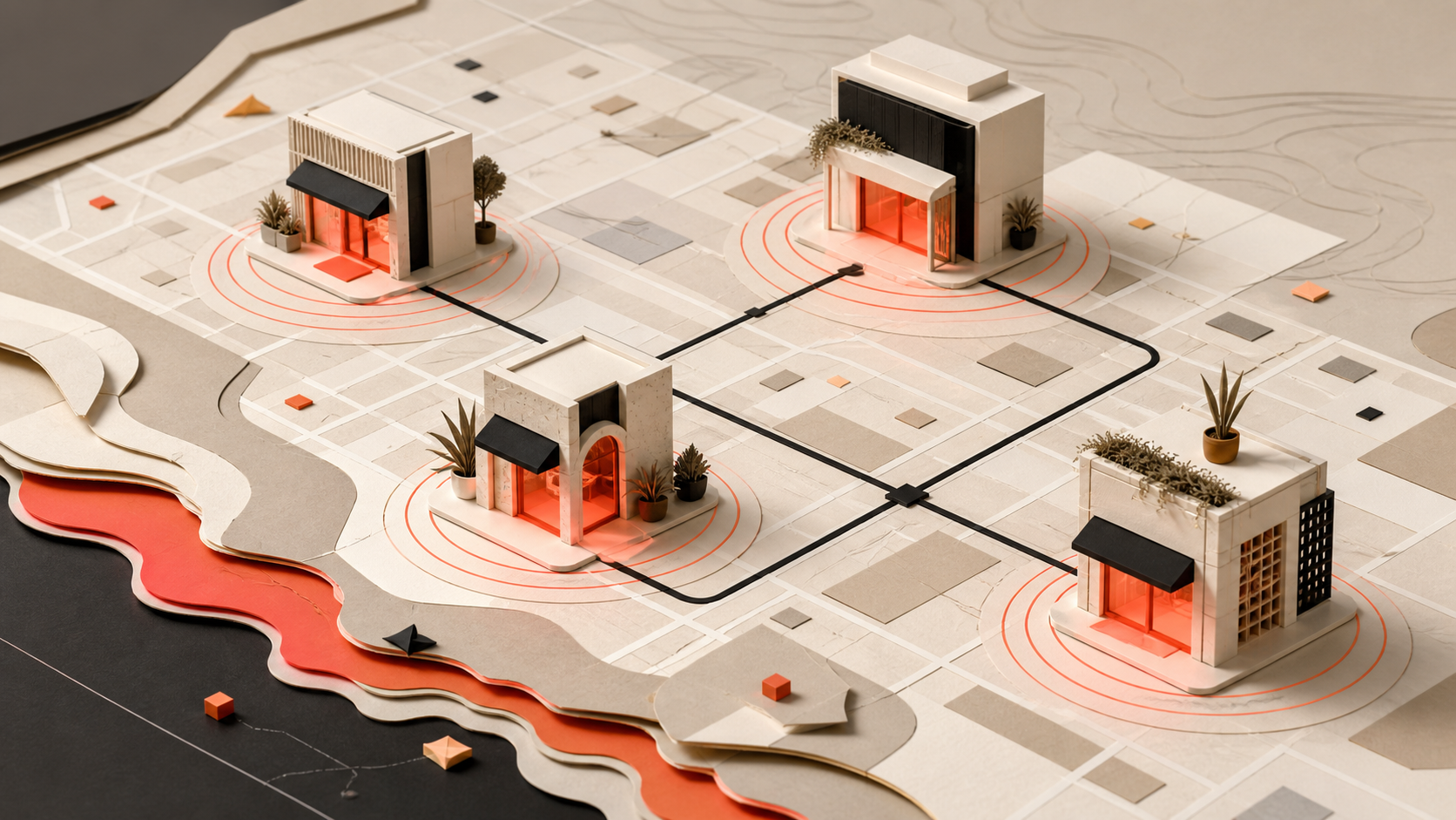 Four separate branch models with coral-lit entrances and search-signal rings, connected by black lines across a layered city map