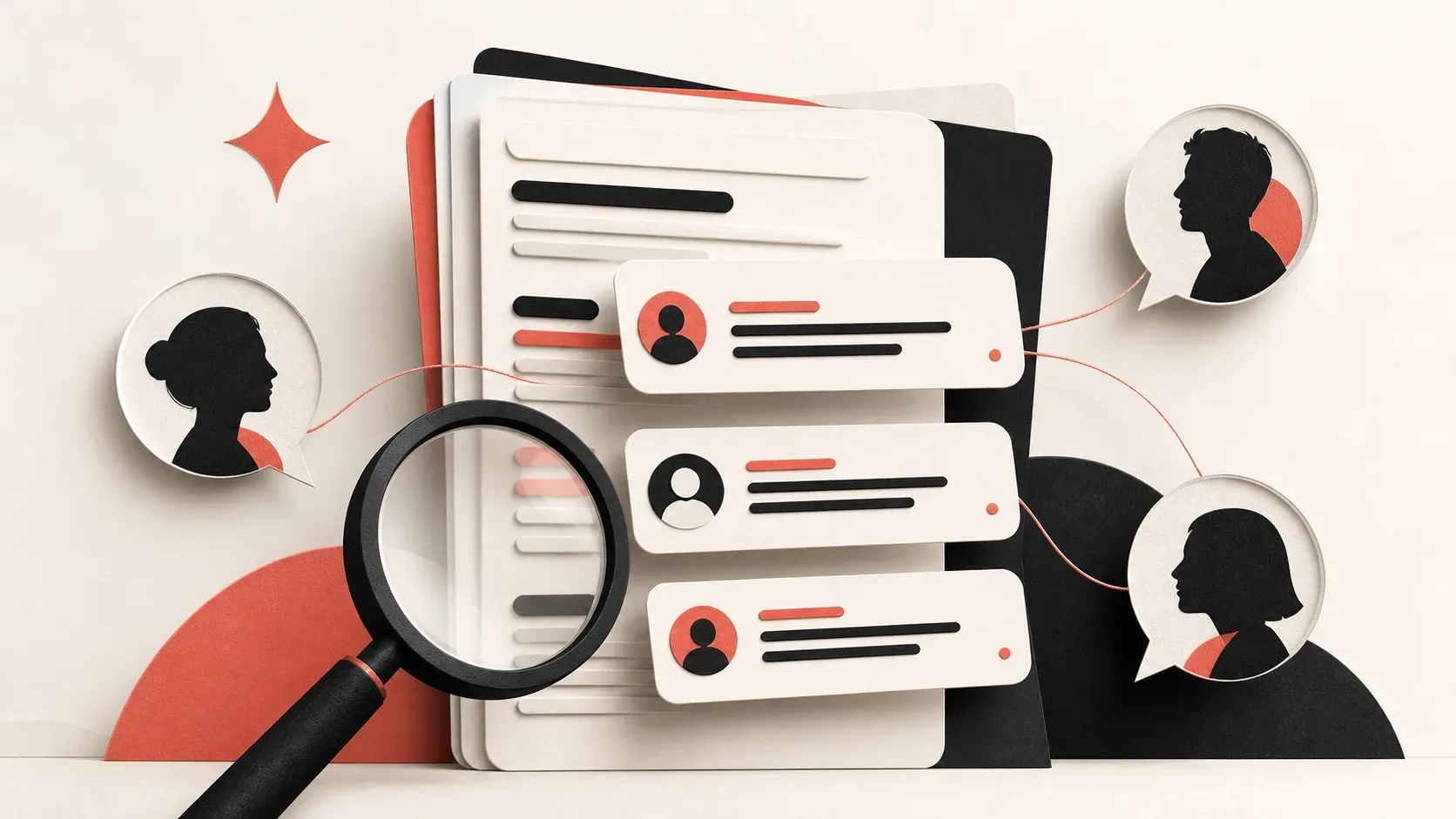 Abstract illustration of search results, conversation cards and a magnifying glass representing community visibility