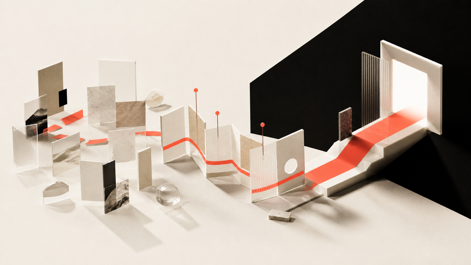 Text-free editorial composition of abstract project panels on a warm bone background, connected by a coral path to a luminous open frame