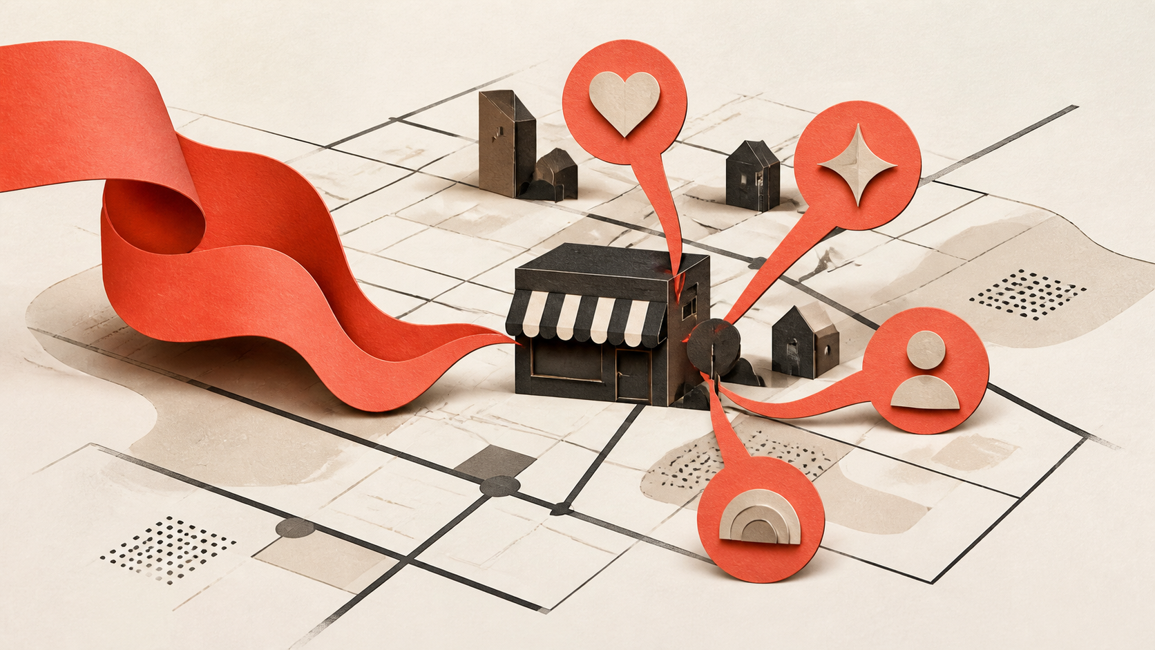 Warm-bone city map and charcoal storefront connected by a flowing coral reply ribbon and abstract customer-review symbols