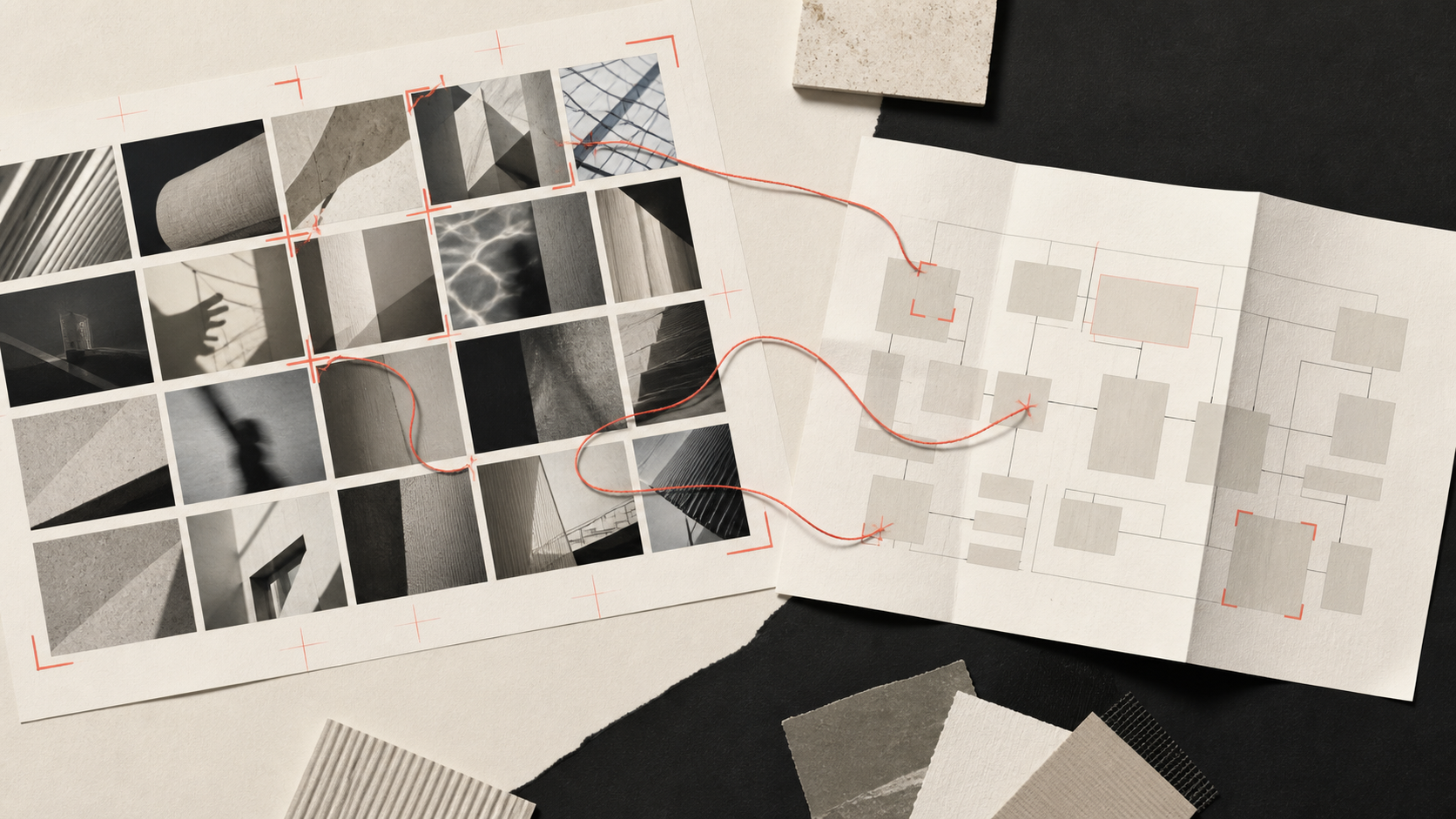 Editorial composition of abstract photographic contact sheets and a page-flow diagram connected by a red thread on charcoal and warm-bone paper
