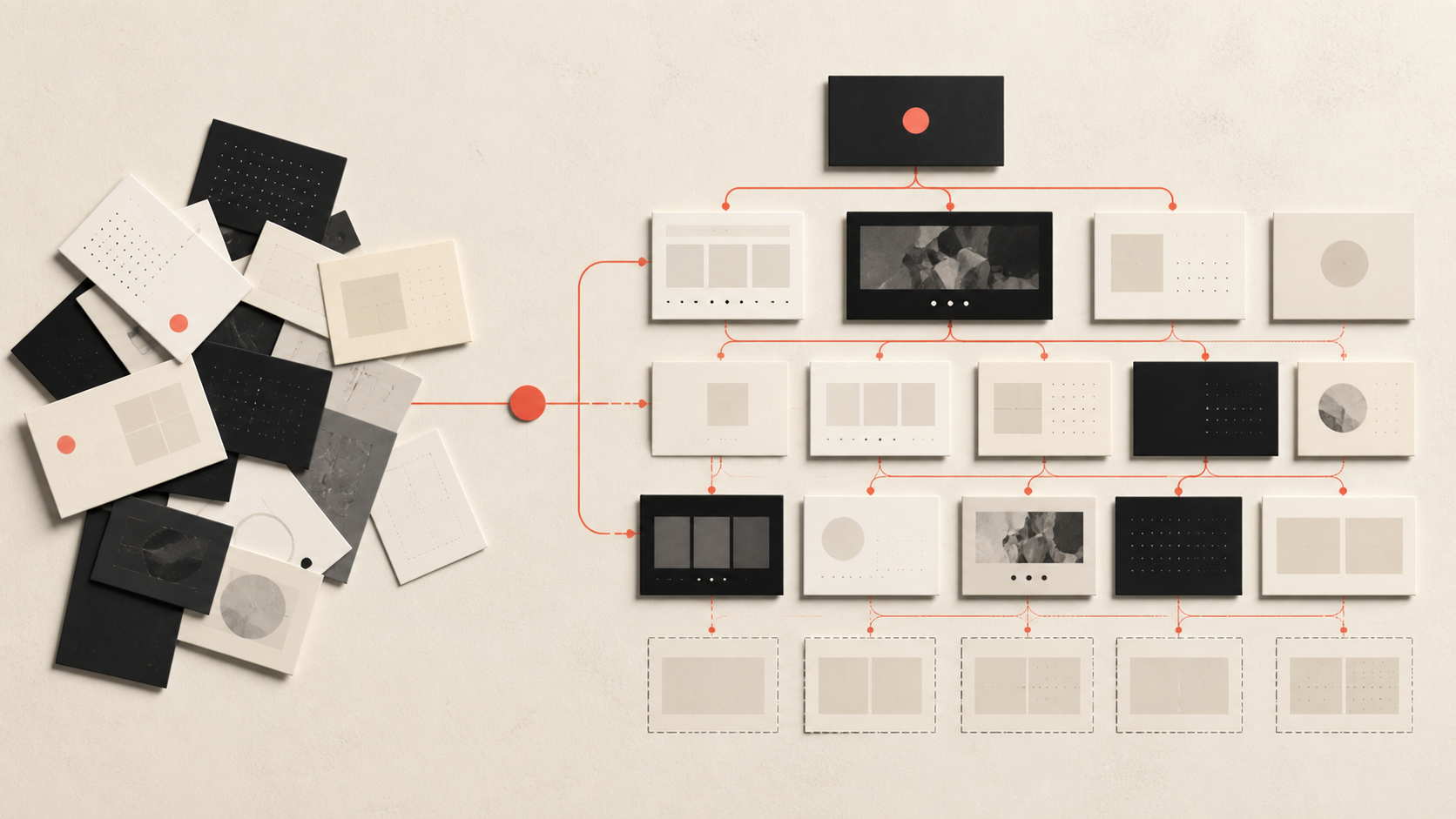 Text-free editorial composition of cream and black page cards connected by coral lines, moving from a scattered stack into an orderly website content map