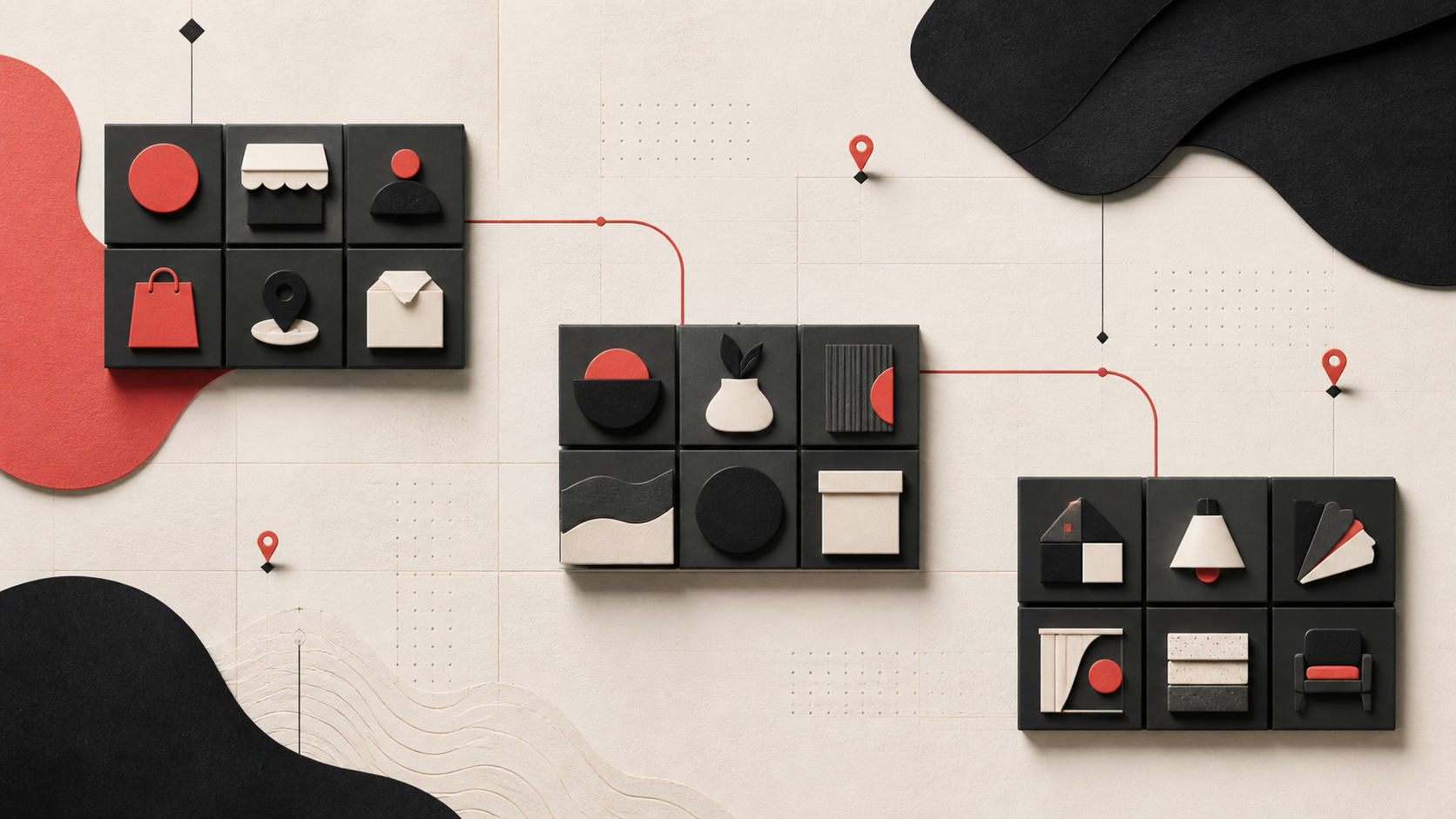 Text-free editorial composition of black service cards on a warm-bone background, connected into three ordered groups by coral lines and small location cues