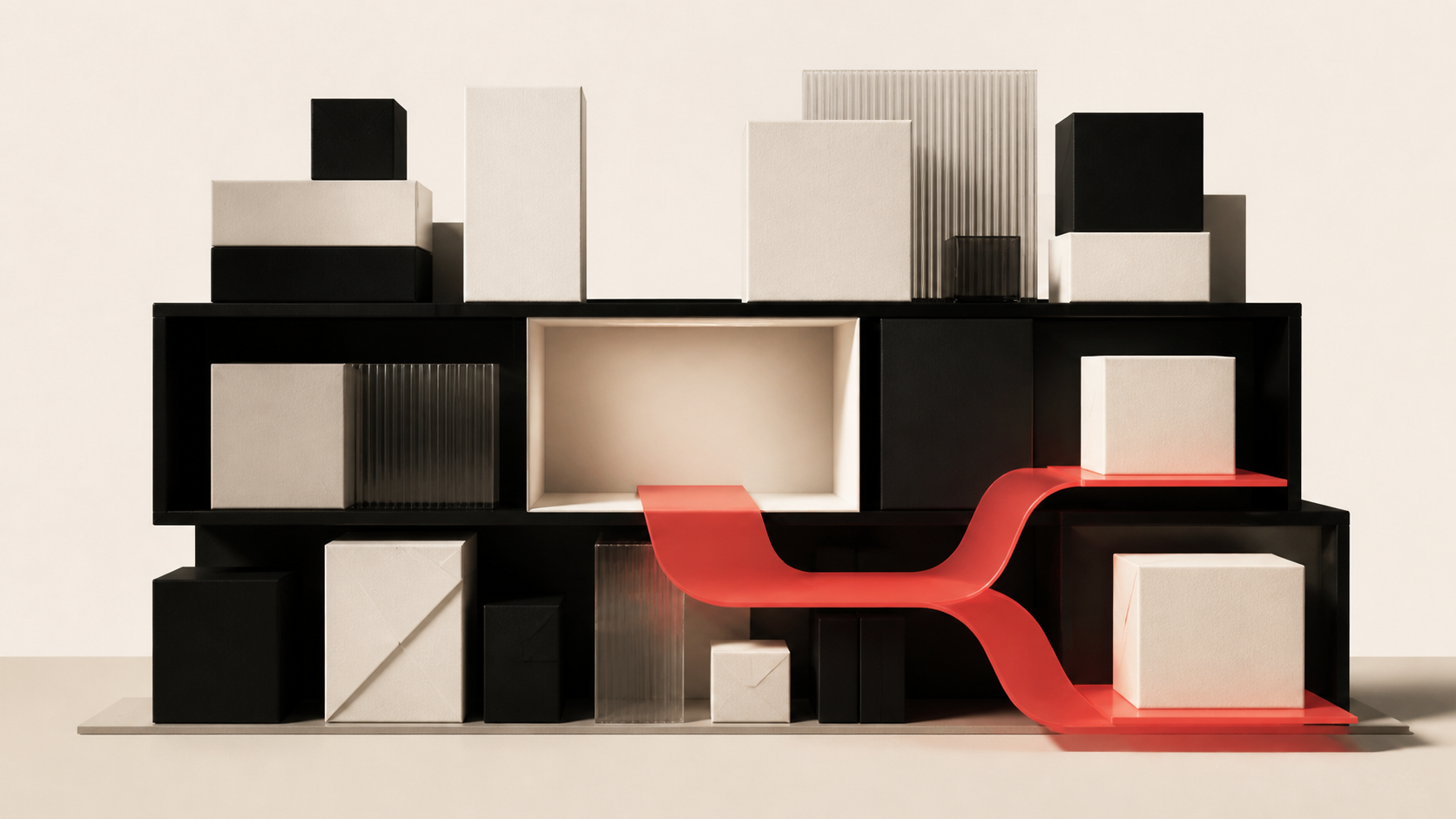 Text-free editorial composition of a black shelf system on a warm-bone background, with an empty central bay and a coral route leading toward two alternative white product boxes