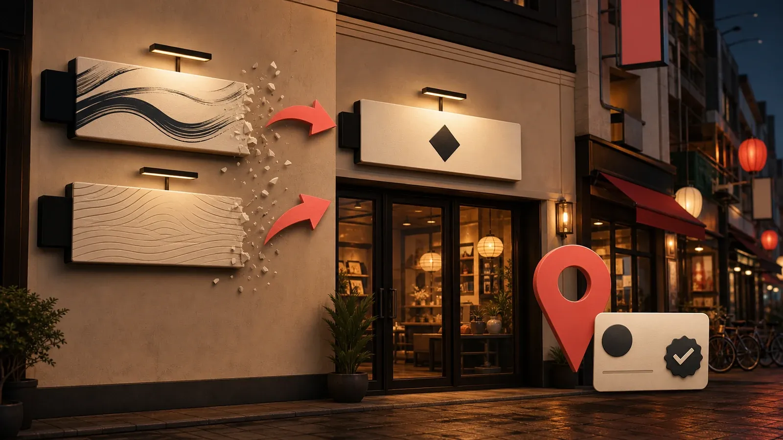Text-free coral and bone illustration separating one verified business identity from duplicated language layers