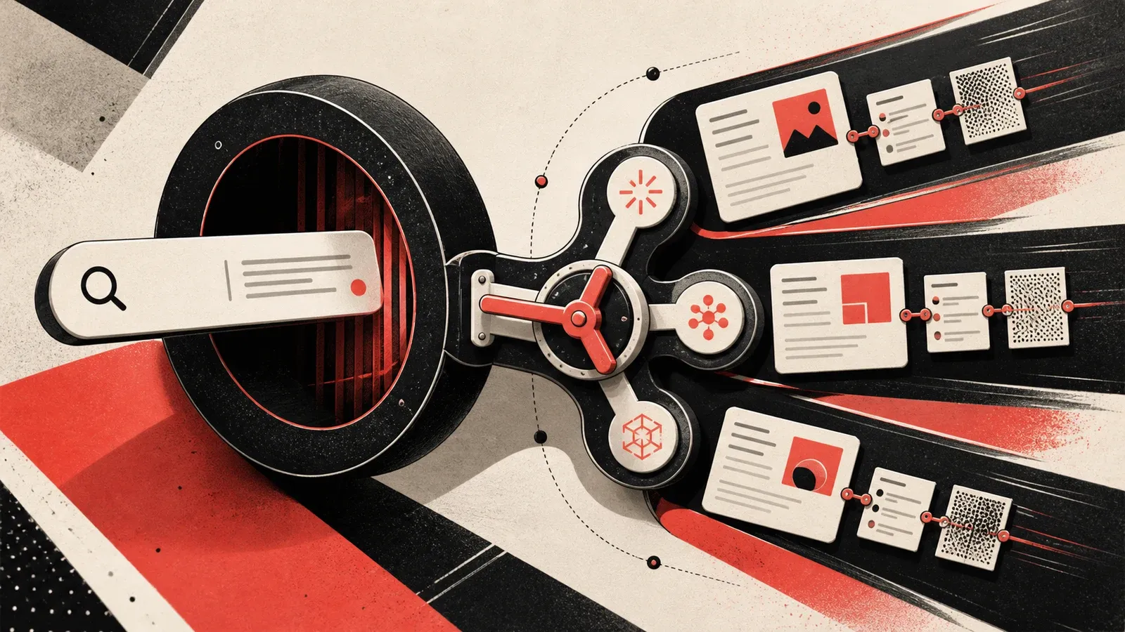 Kinetic coral, black, and bone editorial cover showing query cards routed from a search portal into three model paths