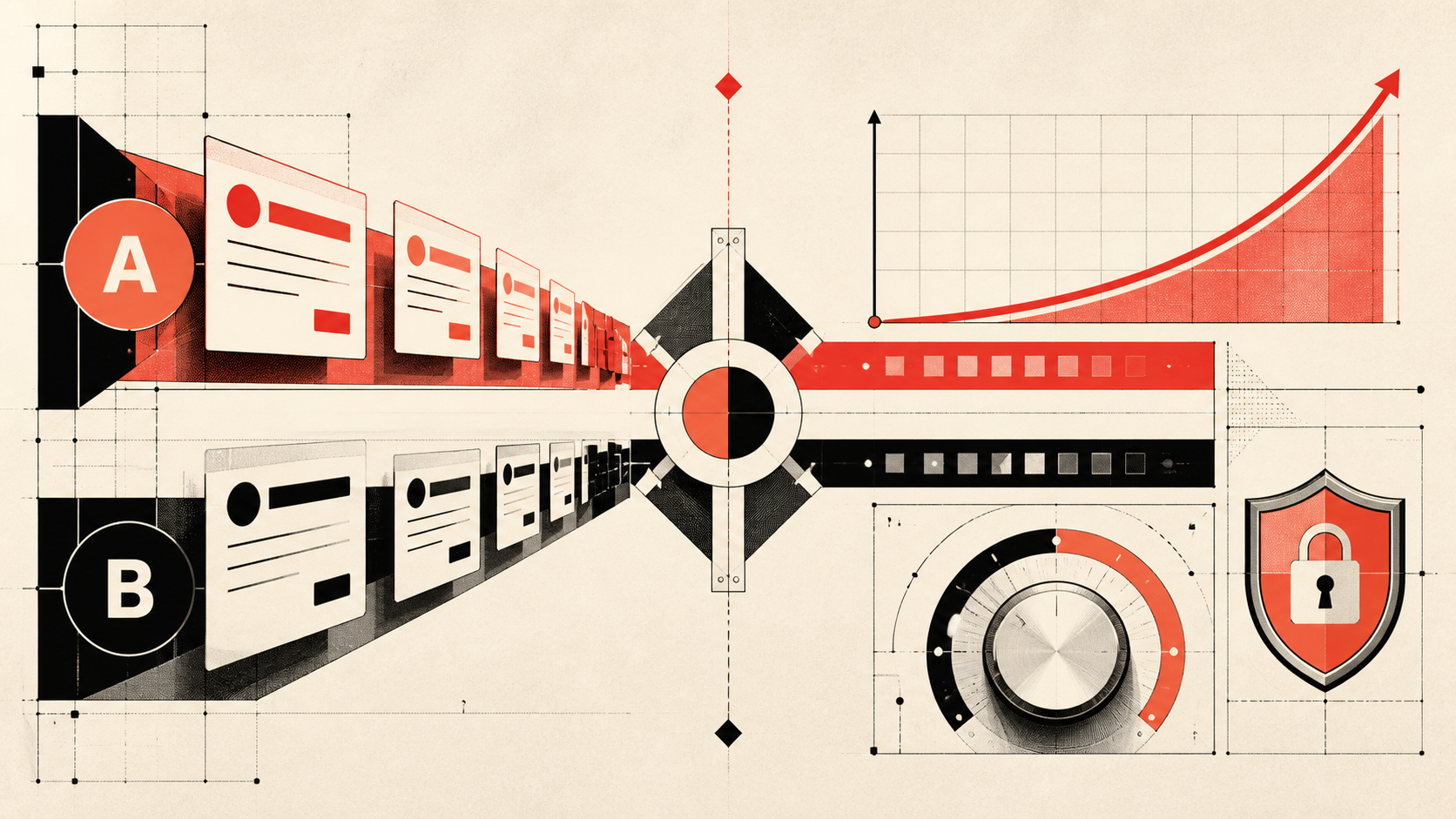 A text-free editorial illustration of two campaign paths, A/B testing, budget planning, and a protection shield.