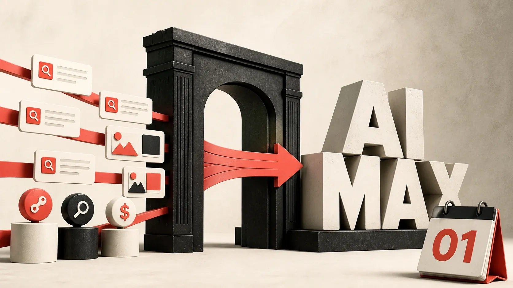 Arama reklamı kartlarının siyah geçiş kapısından AI Max yazısına ve 01 tarihli takvime yöneldiği kinetik editoryal illüstrasyon