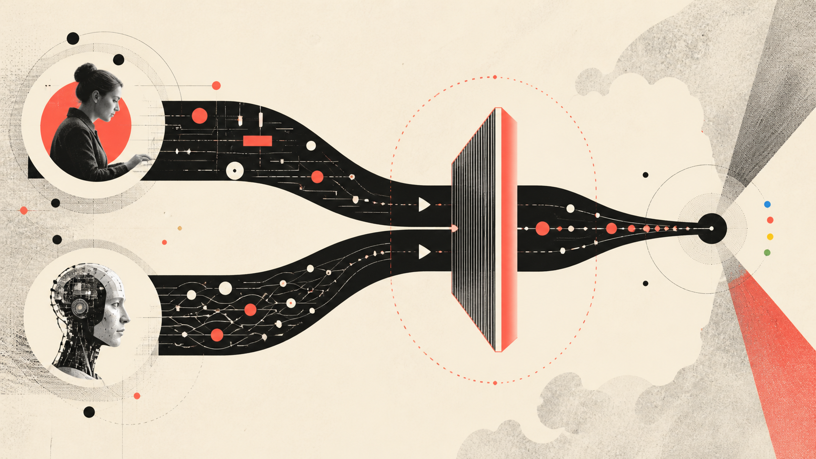 Text-free editorial illustration comparing two Search-campaign paths through a shared control gate.