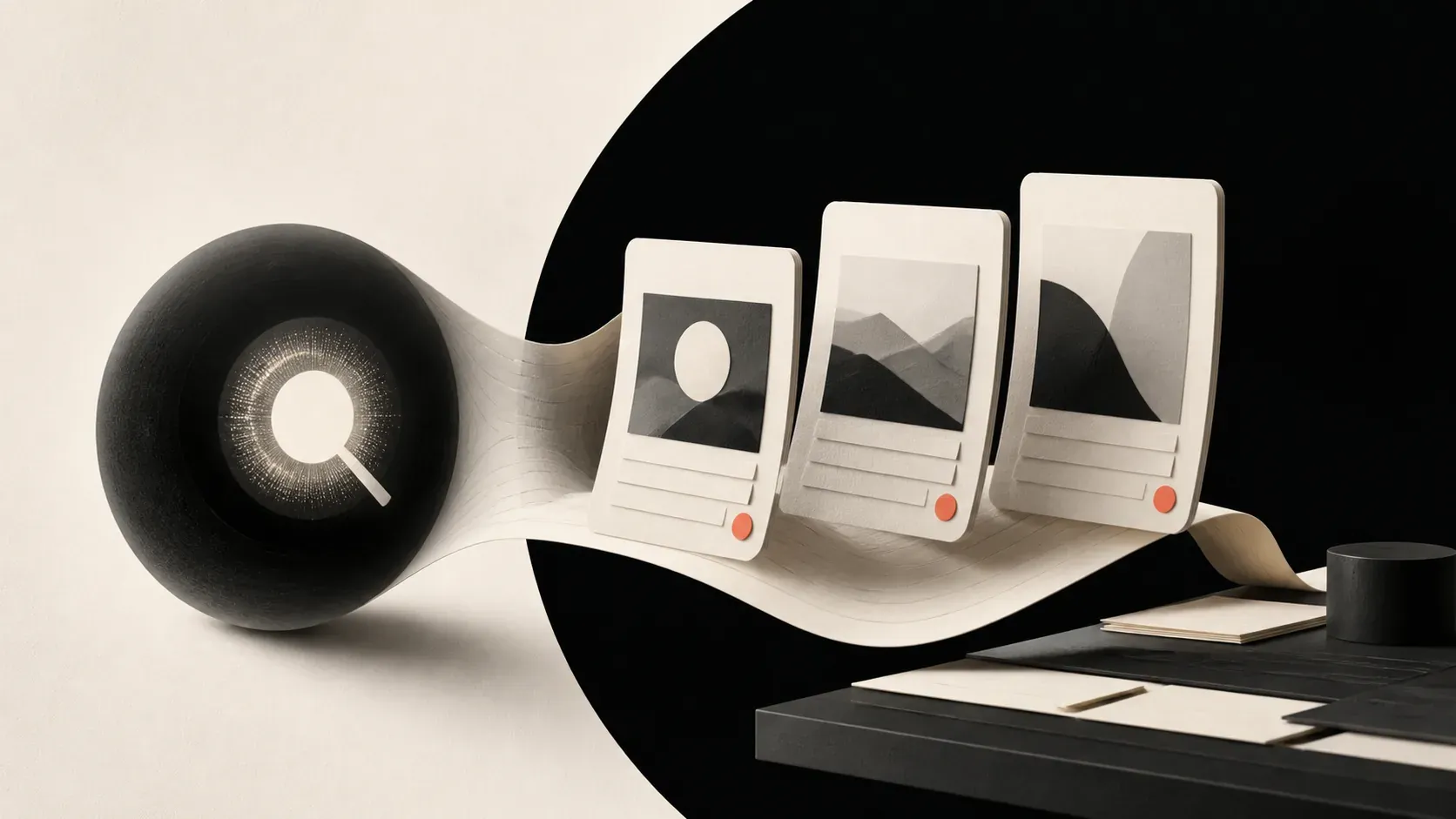 Interconnected news-source cards on an abstract search surface