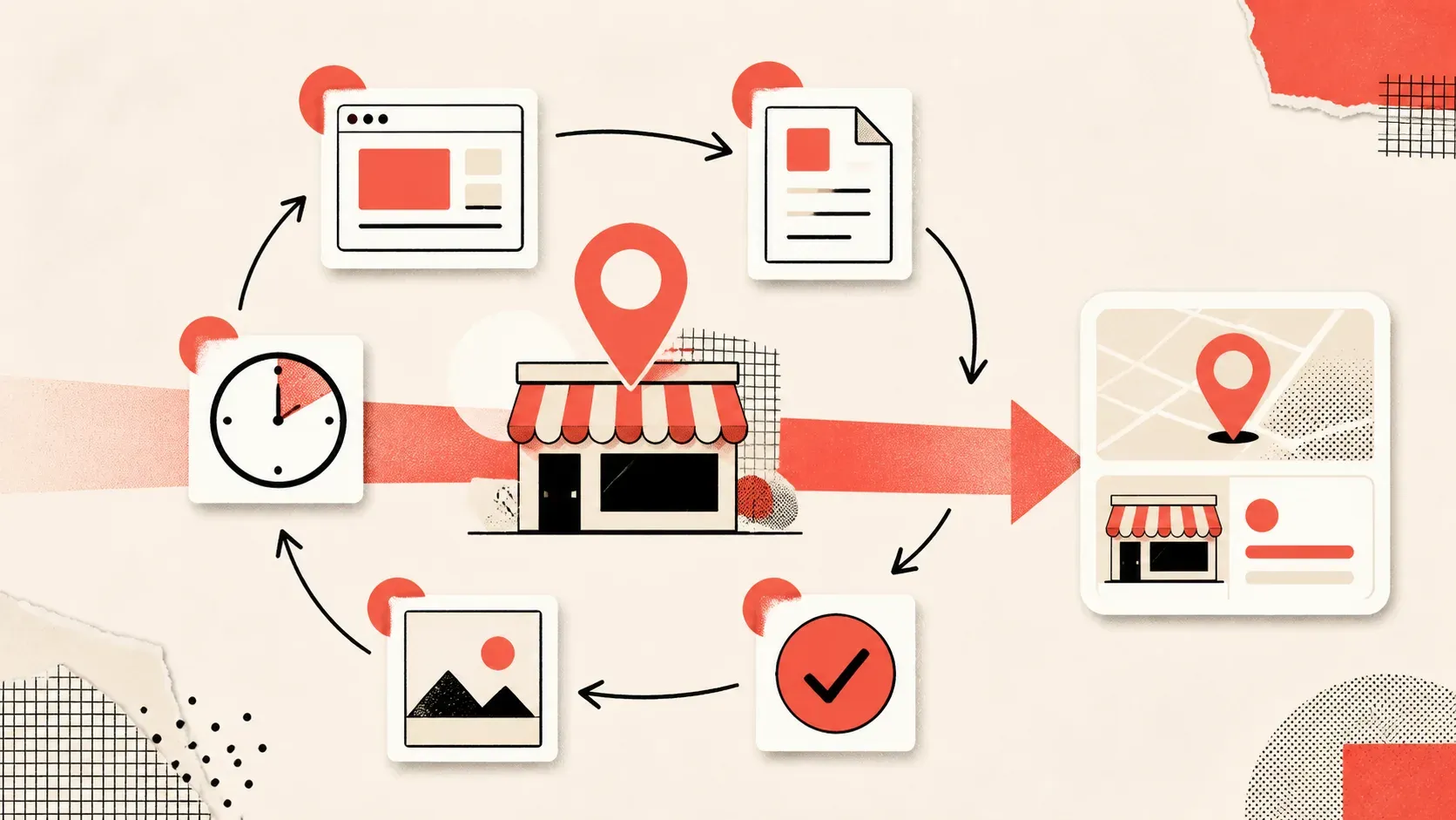 Text-free audit loop around a storefront showing website, description, hours, photos, and verification