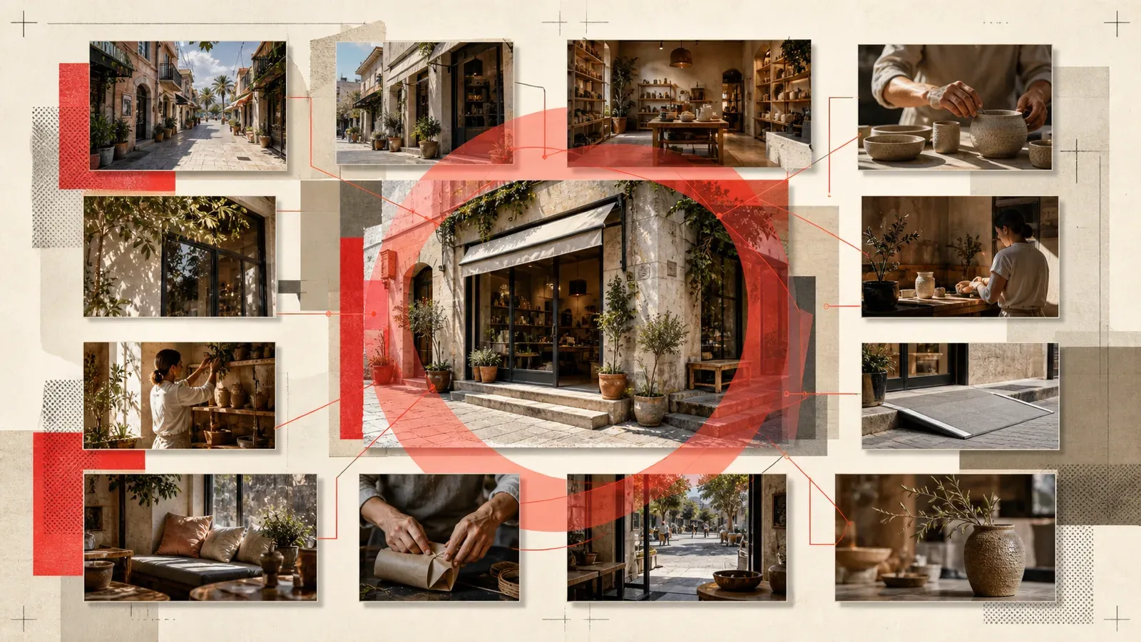 Coral editorial collage arranging twelve views of an Antalya street-level business, including its exterior, entrance, interior, products, and team