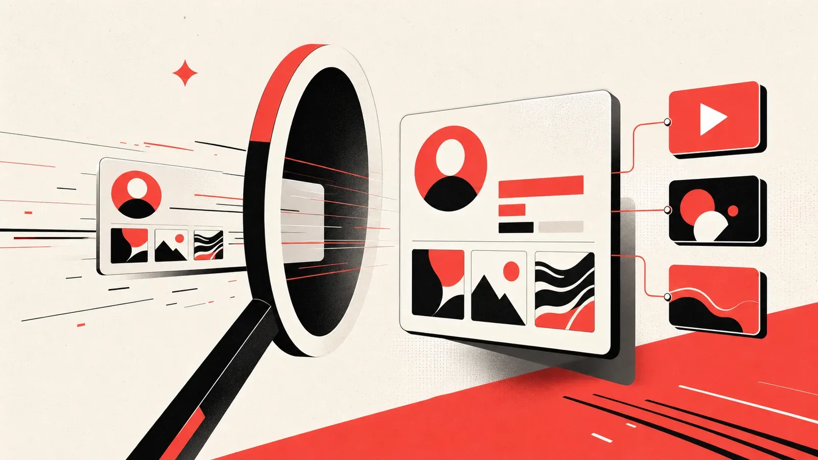 Coral, black, and bone editorial cover showing a creator card pass through a magnifying-glass search portal into a verified profile hub