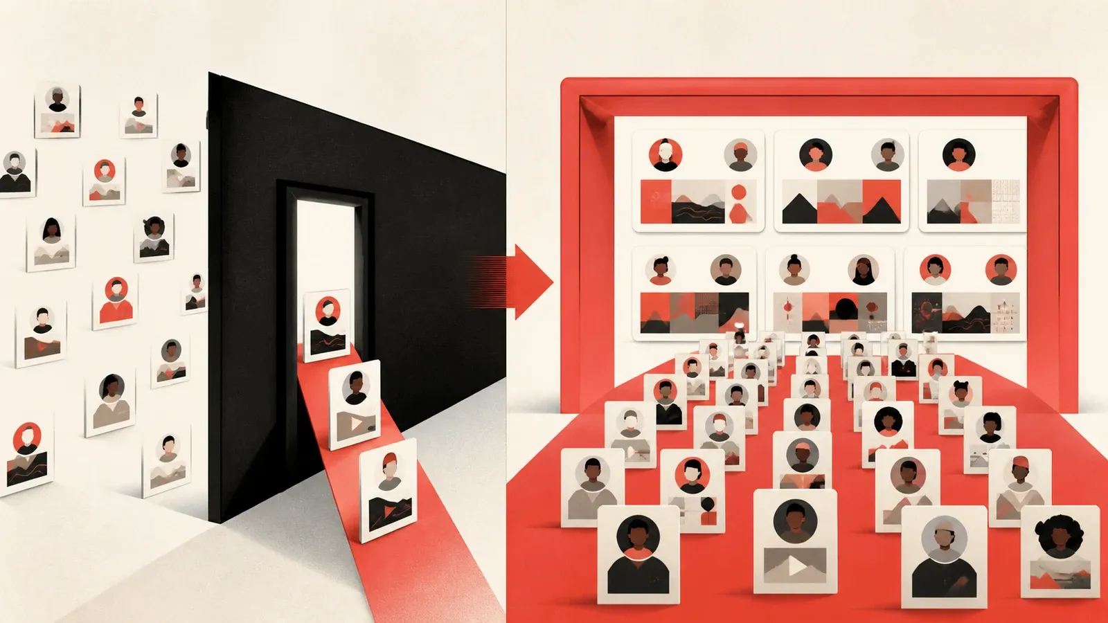 Text-free comparison of a small group passing a narrow eligibility gate and a larger creator group passing a wider gate