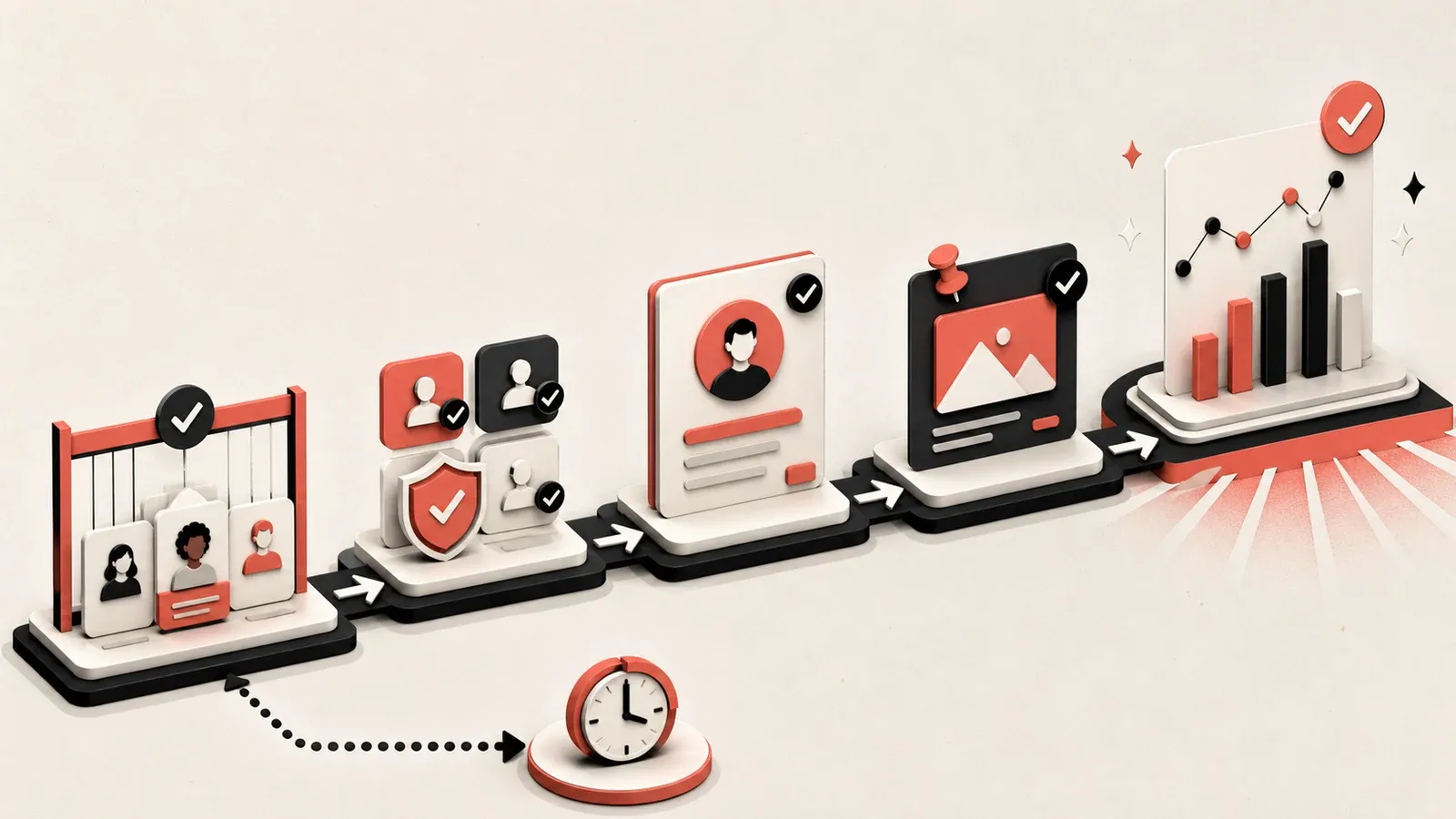 Text-free five-step flow covering eligibility, account verification, profile claiming, content pinning, and performance measurement