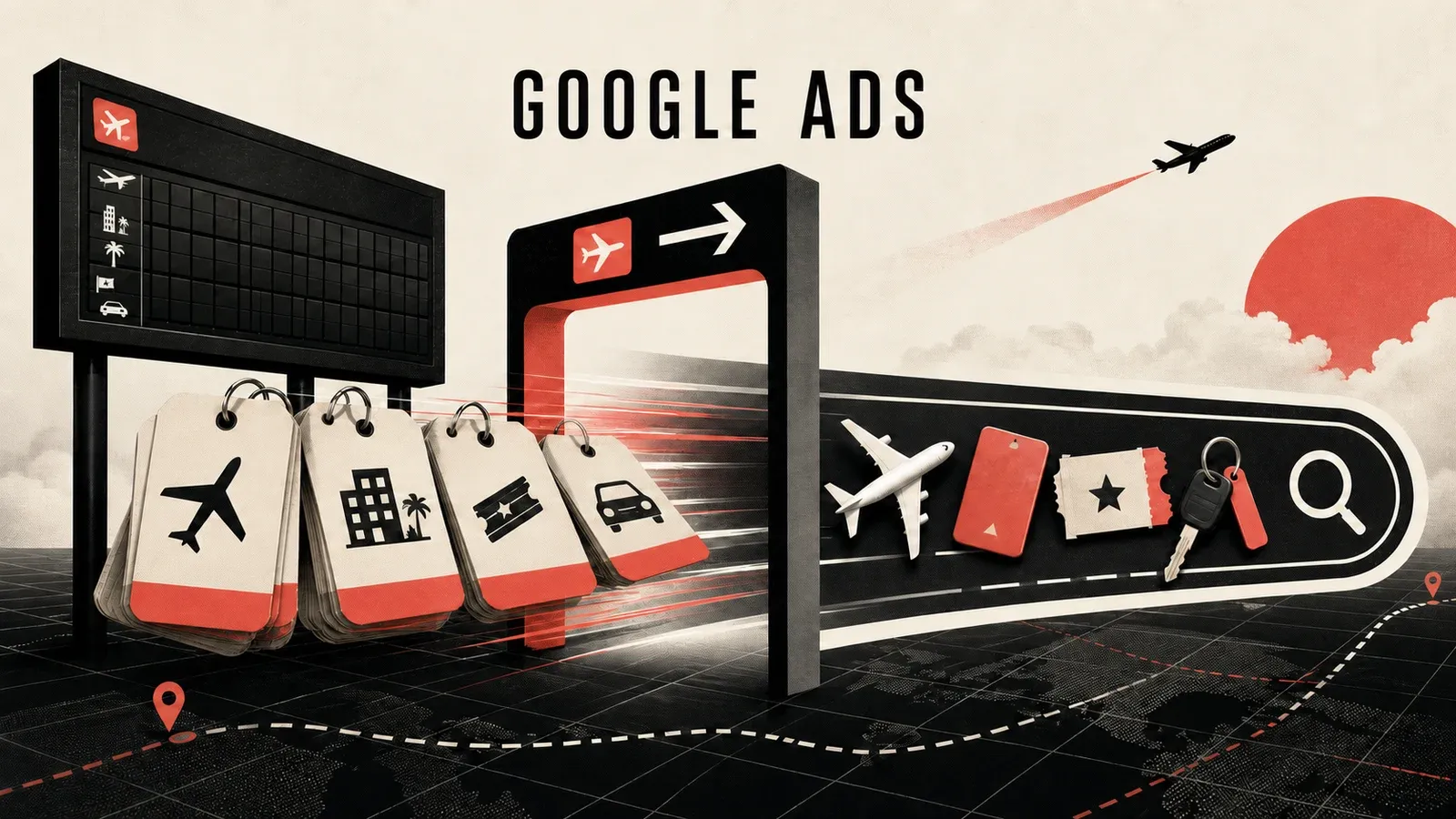 GOOGLE ADS başlığı, seyahat kartları ve eski kampanyaların Search geçiş kapısından taşınmasını gösteren mercan-siyah-kemik editoryal kapak