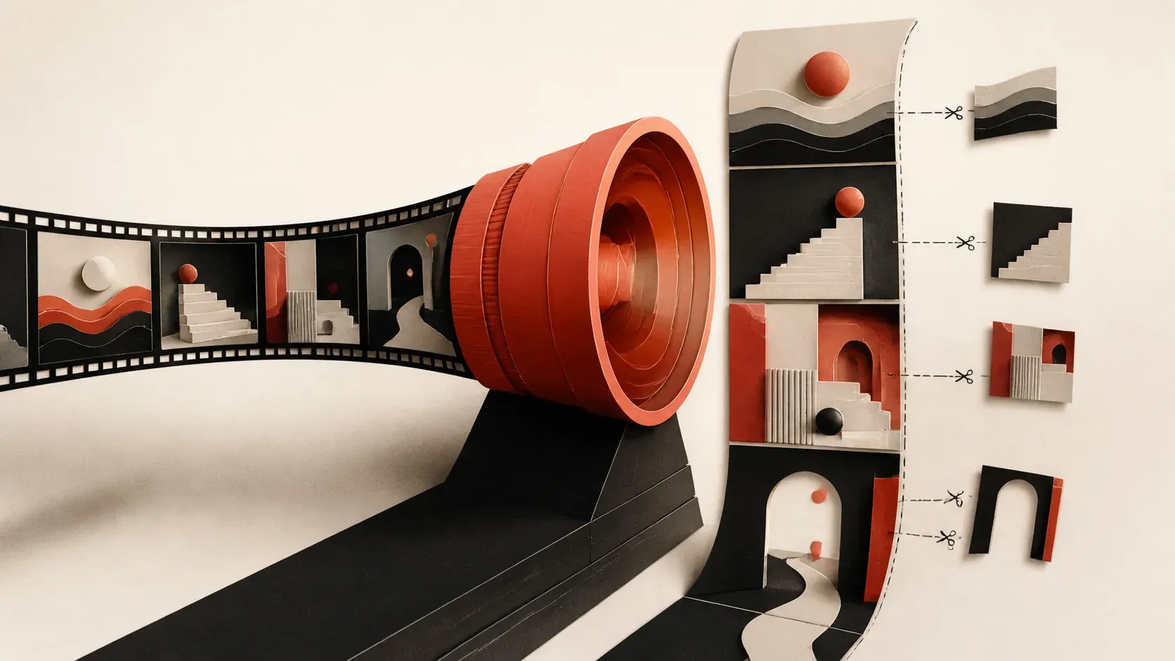 A lively content-production composition of vertical clips and editing marks