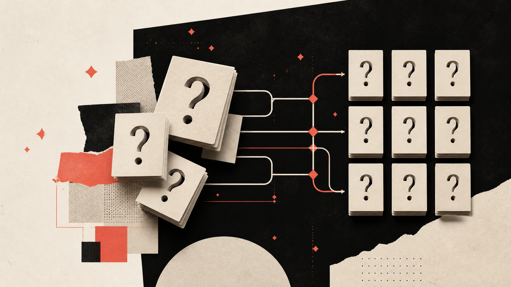 An abstract editorial composition of light question-mark cards connected by lines into an orderly information structure