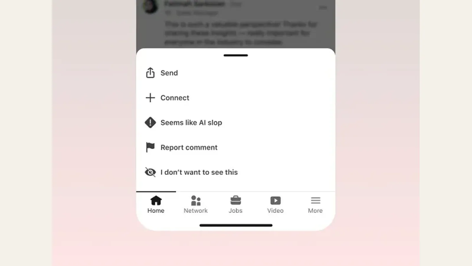 LinkedIn gönderi bildirim menüsünde İngilizce “Seems like AI slop” seçeneğini gösteren resmî arayüz görüntüsü