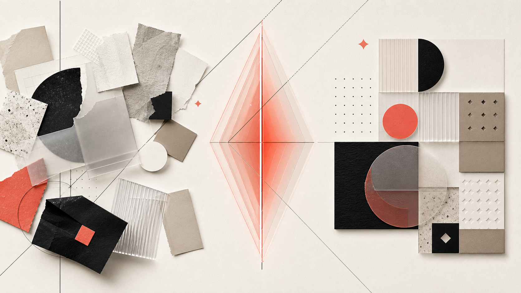 Editorial collage of fragmented brand identity pieces passing through a translucent coral threshold into a coherent modular system