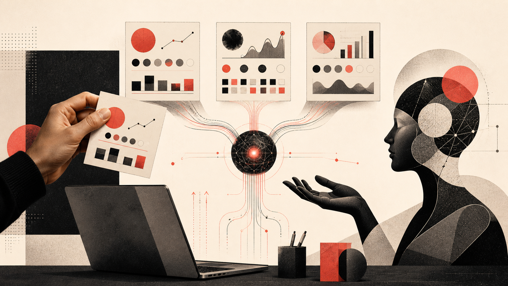 Text-free editorial illustration bringing together Meta campaign signals, content cards and analysis modules.