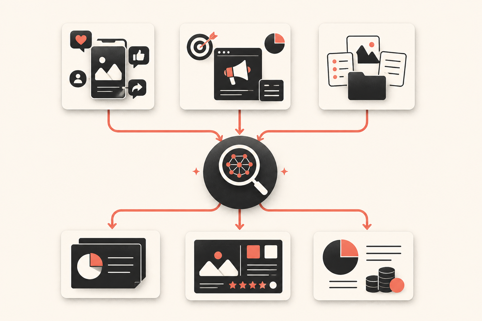 Text-free data-flow illustration carrying content, ad and business data into a shared review area.