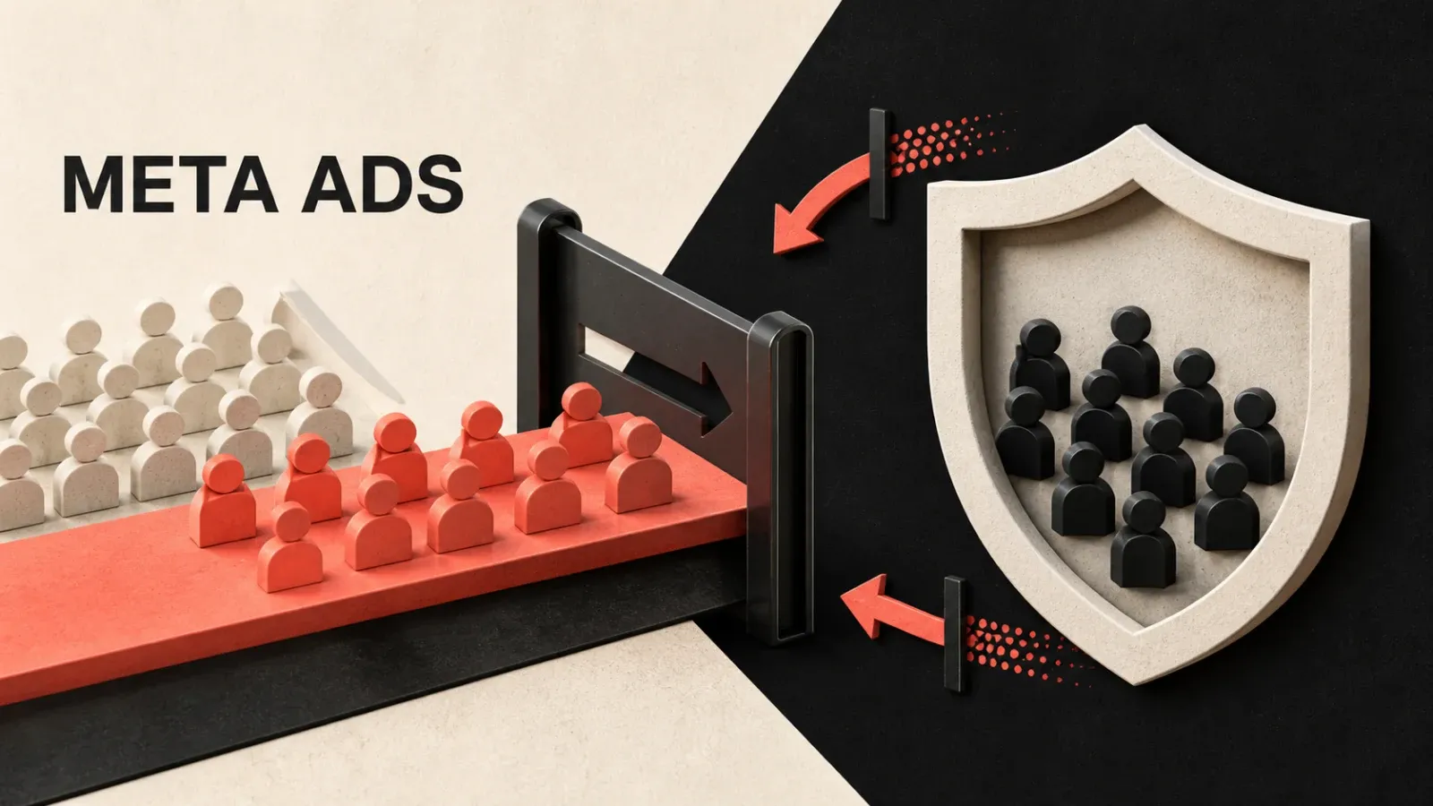 Coral, black, and bone editorial cover with META ADS, customer data cards, and a one-way exclusion gate