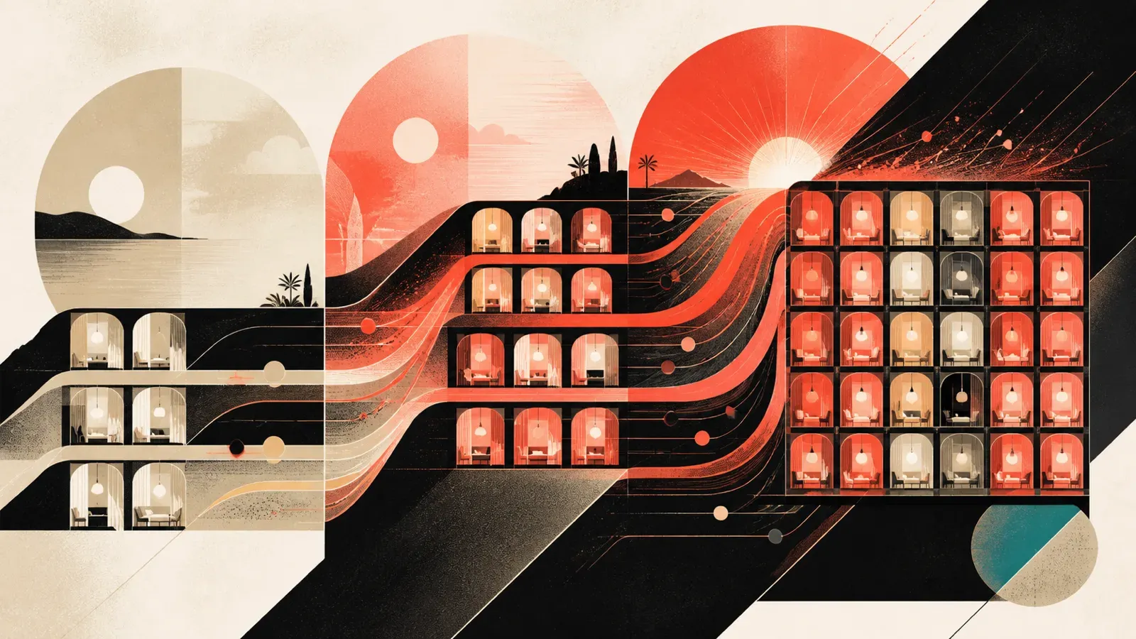 Geometric editorial composition with coral flows distributing across hotel room modules through three different stages of demand