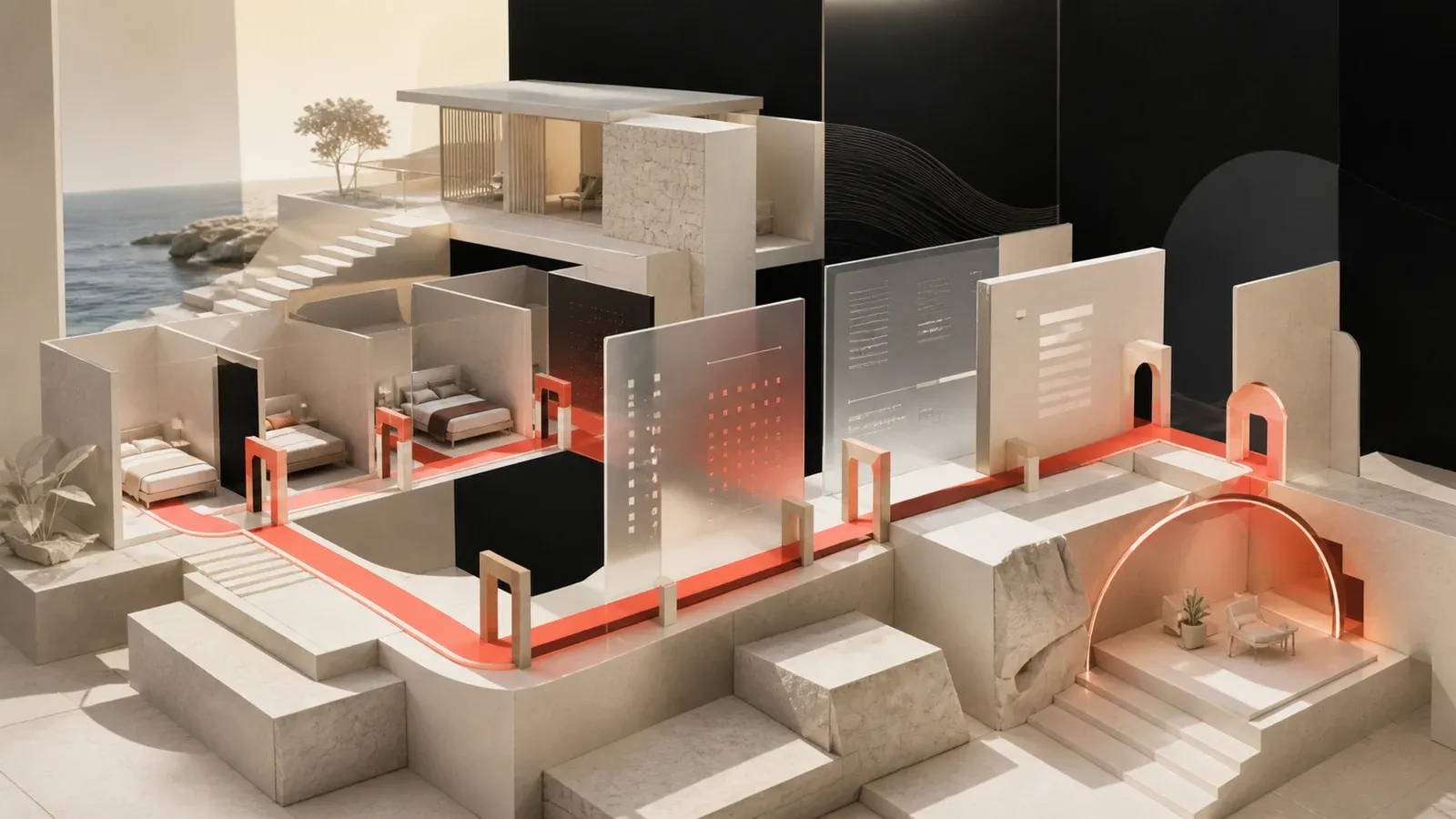 Abstract coastal hotel where room modules, pricing and booking-term panels connect through one coral direct-reservation path