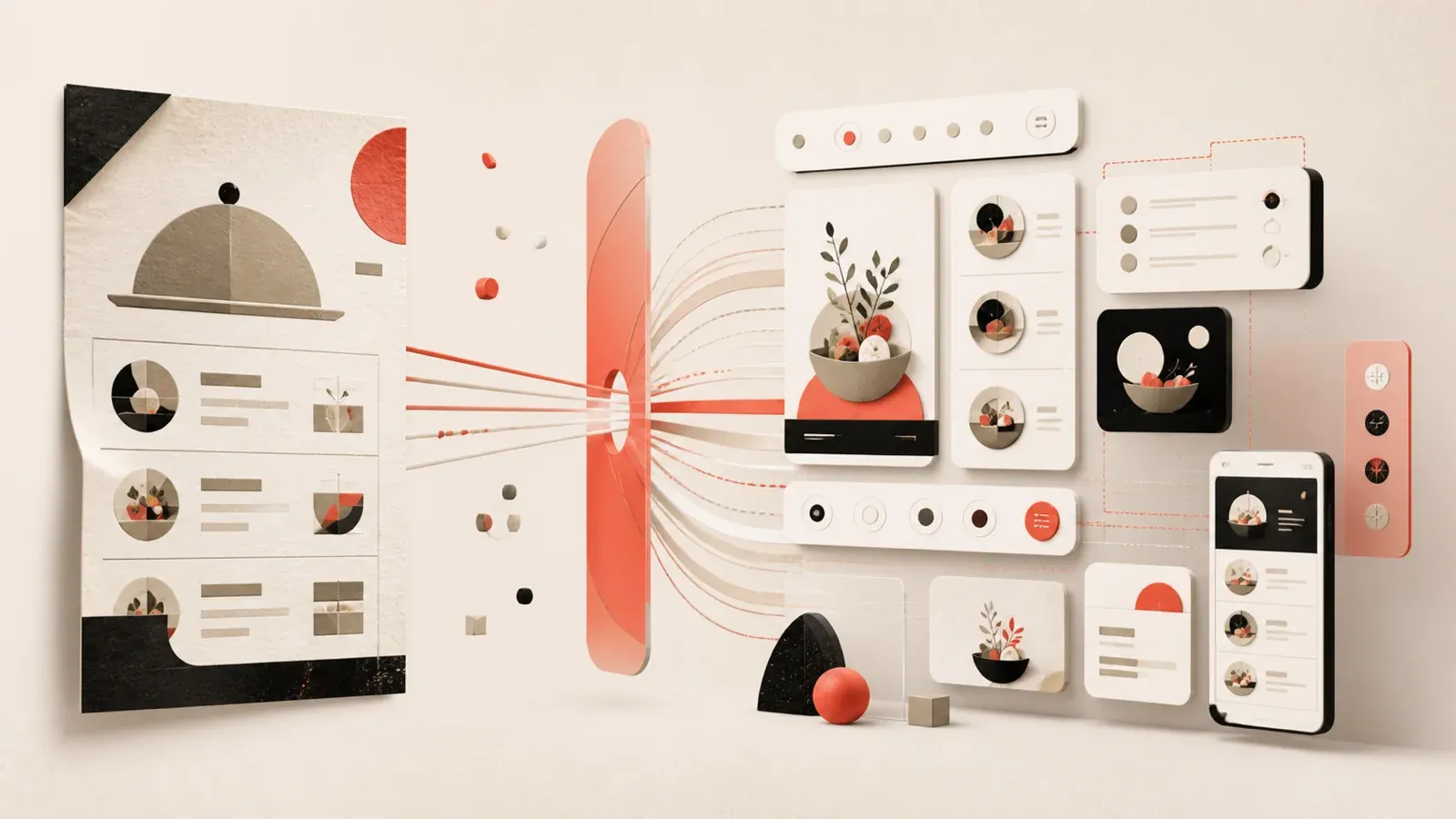 Abstract editorial illustration of a fixed paper menu passing through a coral threshold and becoming modular digital menu cards that adapt to different screens