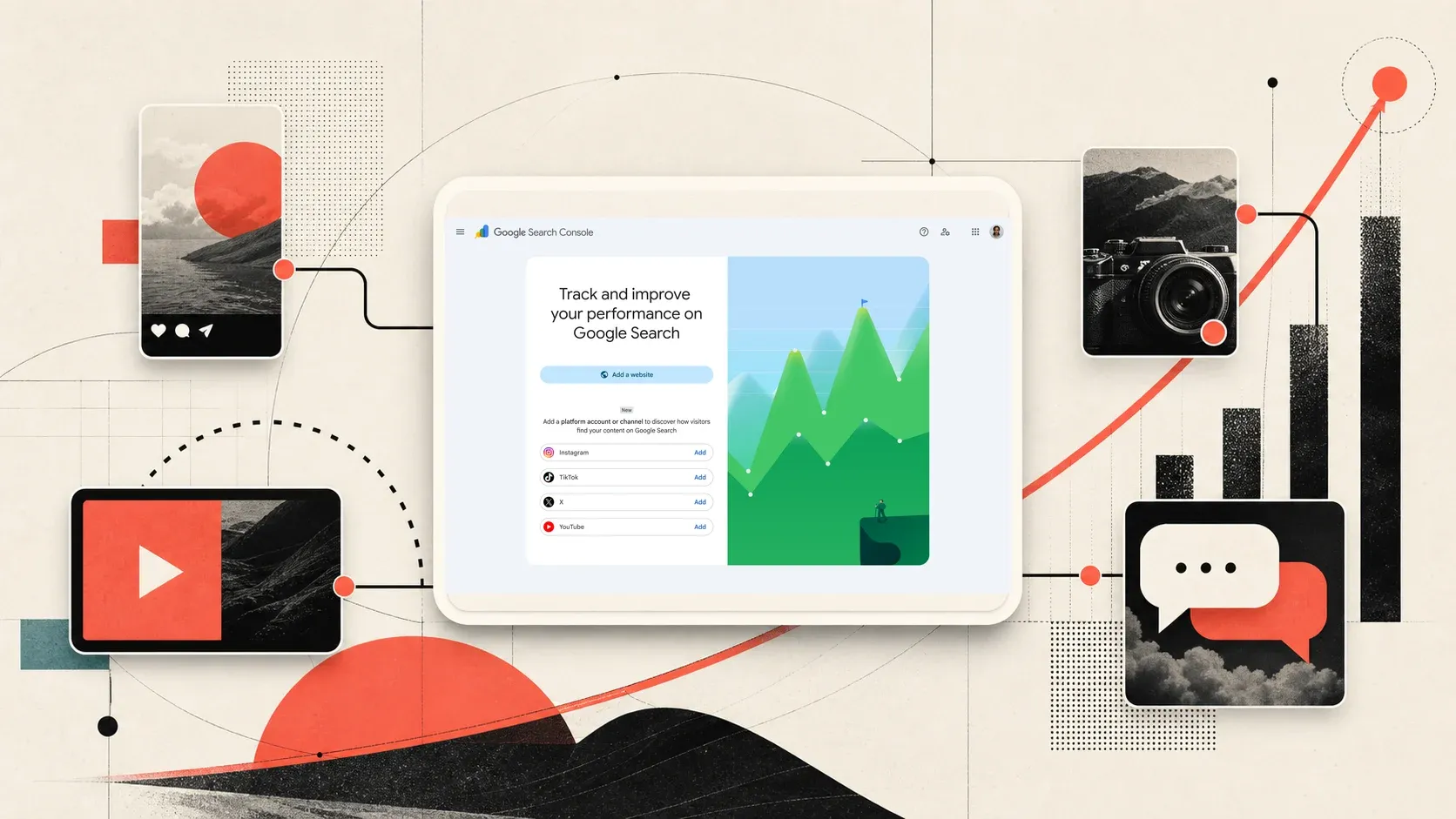 Instagram, TikTok, X ve YouTube hesaplarının Google Search Console platform mülküne bağlanmasını gösteren editoryal kapak