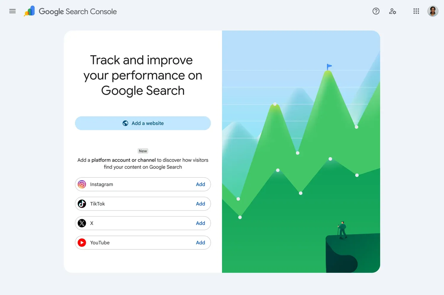 Google Search Console’da Instagram, TikTok, X ve YouTube platform hesabı ekleme seçeneklerini gösteren resmî İngilizce arayüz