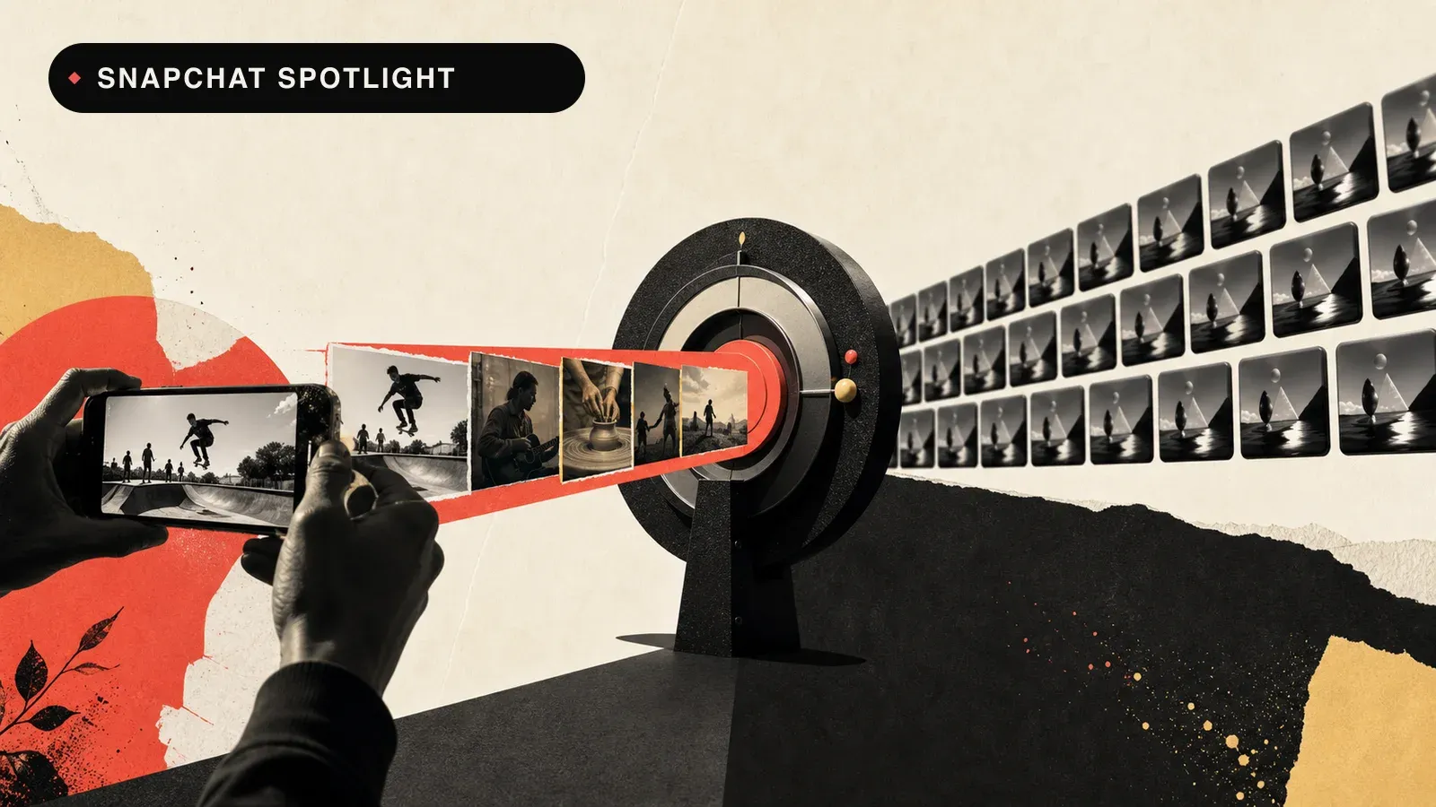 Snapchat Spotlight içeriğini mercan renkli bir öneri geçidi ve video kartlarıyla anlatan editoryal illüstrasyon