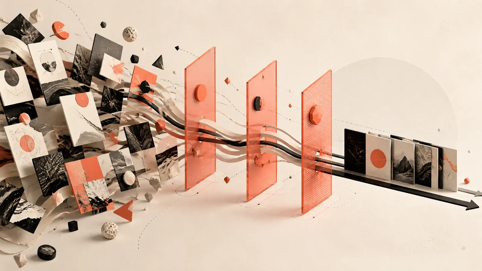 Abstract editorial illustration of social media content cards moving through coral review gates and joining an orderly publishing flow
