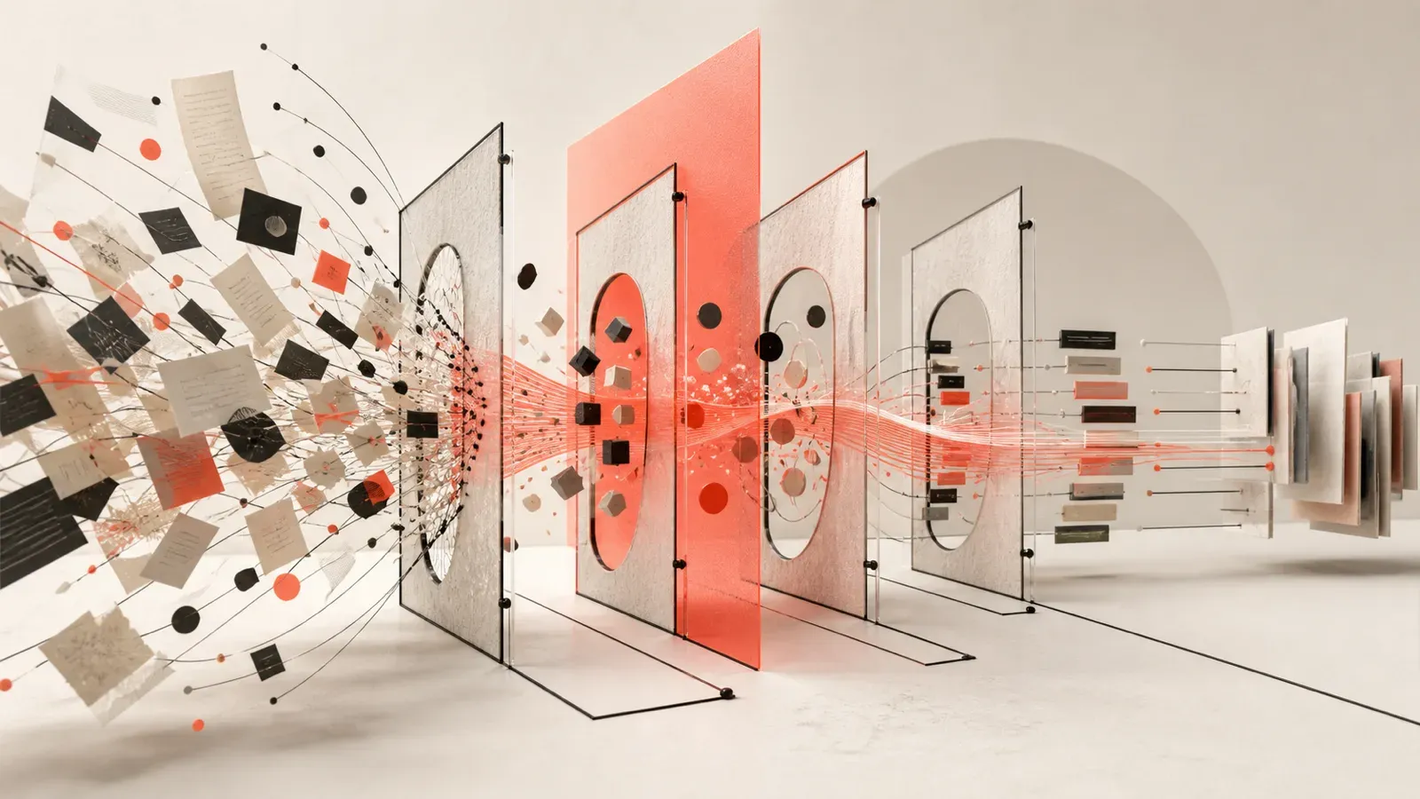 Abstract coral editorial composition routing scattered message and alert fragments through four risk gates into an orderly response stream