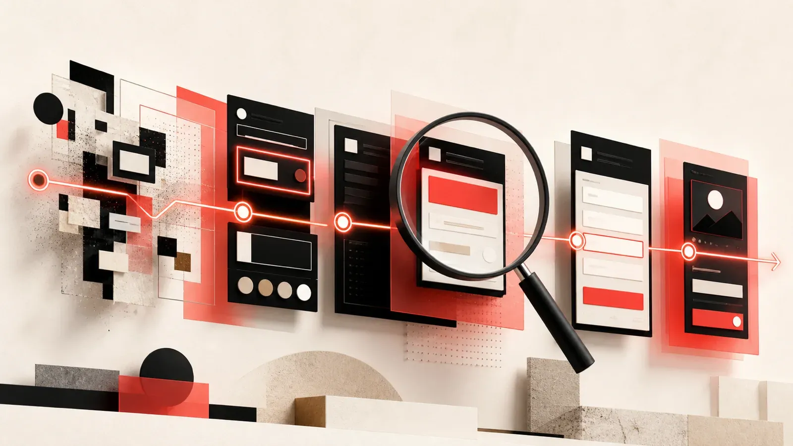 Editorial composition in which fragmented web interfaces become an orderly high-contrast system along a coral focus path and magnifying lens