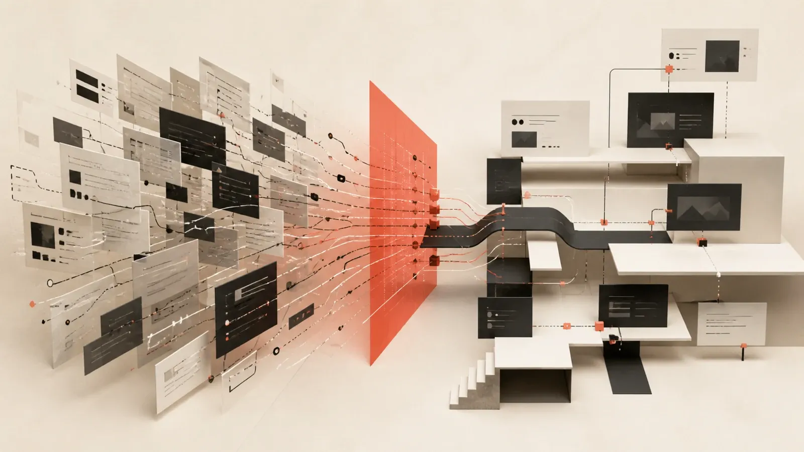 Abstract editorial illustration of fragmented old web pages passing through a coral routing threshold and connecting to an orderly new site architecture