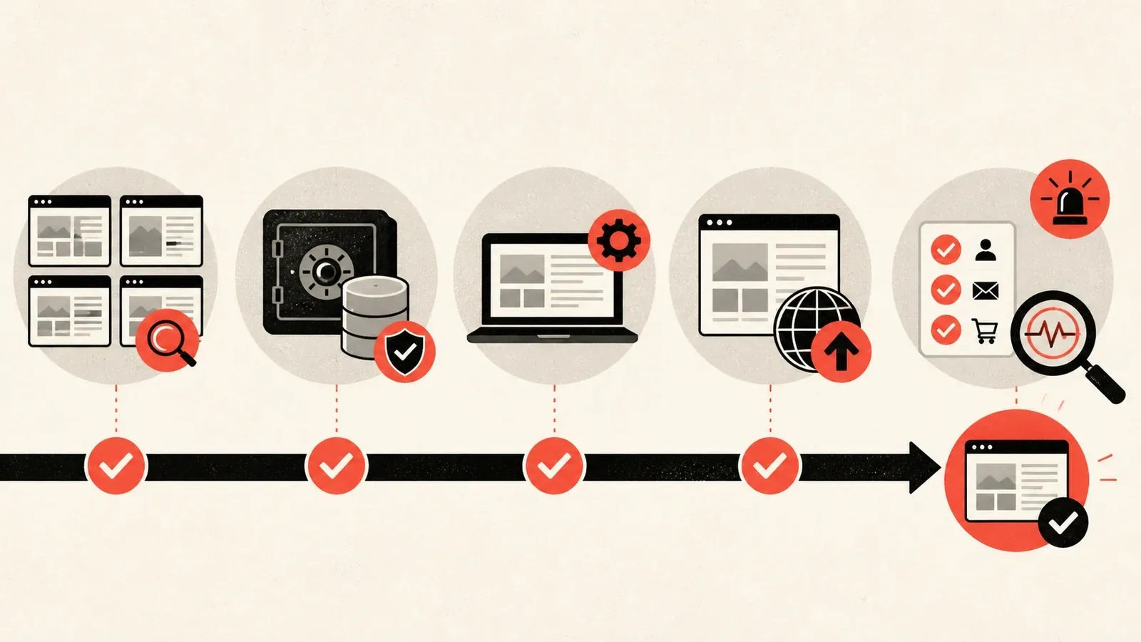 Web sitesi envanteri, yedekleme, staging testi, canlıya alma ve doğrulama adımlarını gösteren beş aşamalı güncelleme akışı
