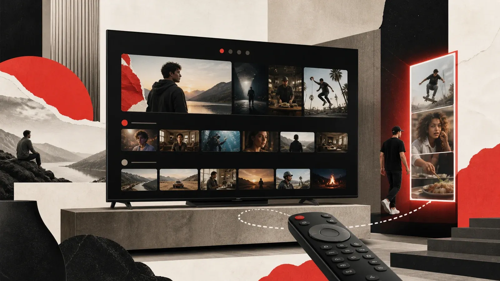 Büyük televizyonda dizi kütüphanesi, bölüm kartları ve dikey video girişini gösteren editoryal kapak